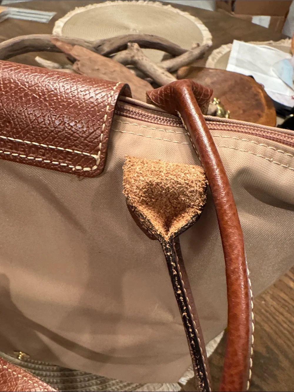 Longchamp Beige Nylon Shoulder Bag-tote 2-way bag with Brown Leather Trim - Picture 7 of 12